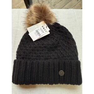 Roxy Blizzard Beanie Black Cable Knit Faux Fur Pom Pom Winter Hat
